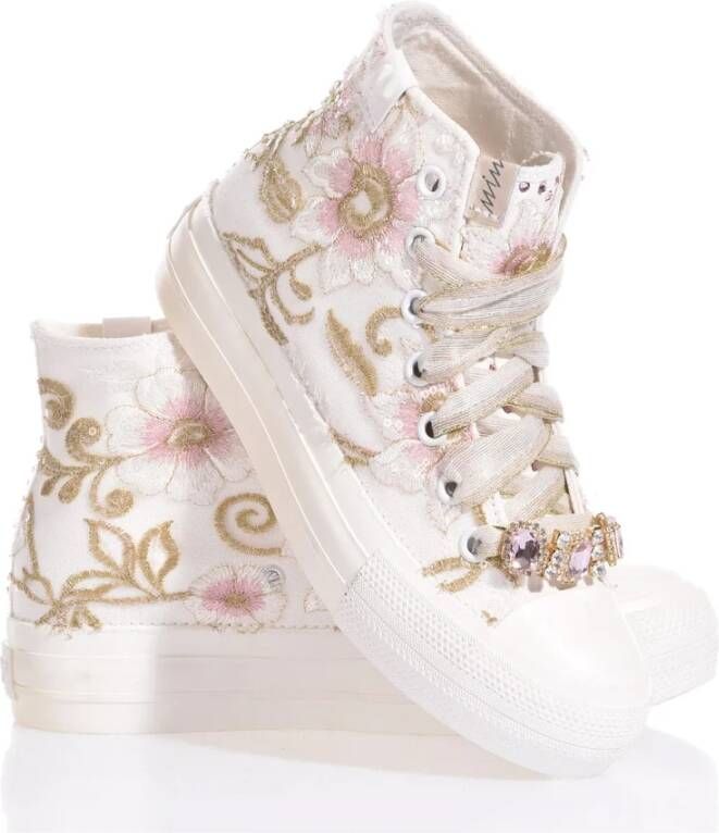 Mimanera Goud Roze Geborduurde Platform Sneakers White Dames