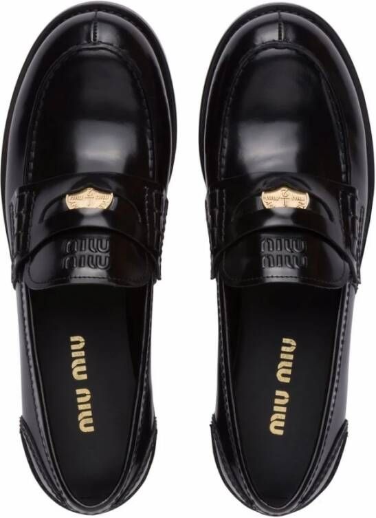 Miu Zwarte Leren Loafer met Metalen Logo Black Dames