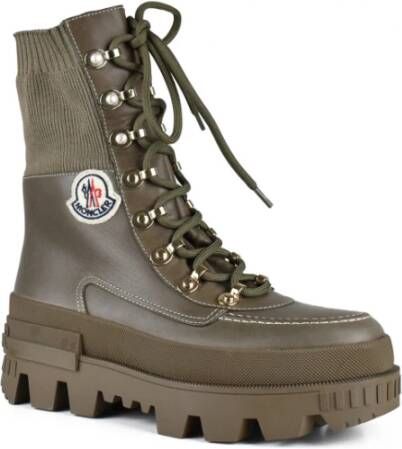 Moncler Khaki Leren Veterschoenen met Mesh Details Groen Dames