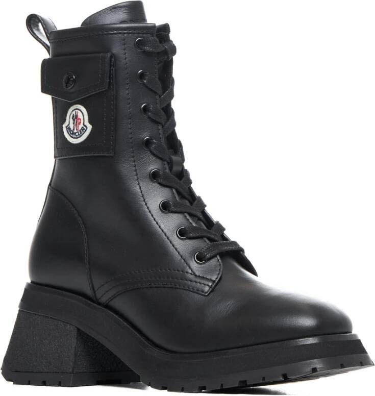 Moncler Zwarte Leren Enkellaarzen Black Dames