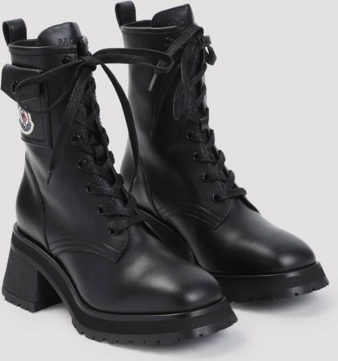 Moncler Zwarte Leren Enkellaarzen Vetersluiting Blokhak Black Dames