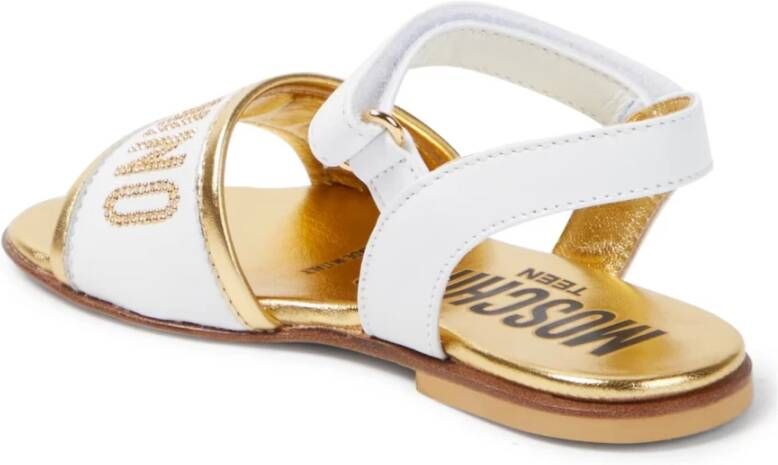 Moschino Lage Leren Sandaal met Logo Lettering en Strass White Dames