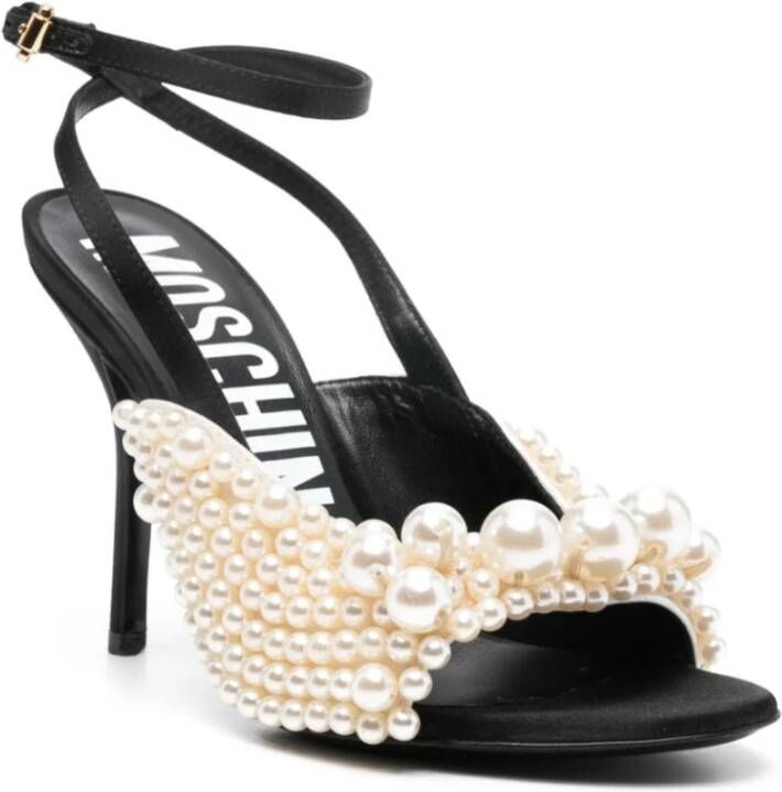 Moschino Zwarte Satijnen Stiletto Sandalen met Faux-Parel Versiering Black Dames