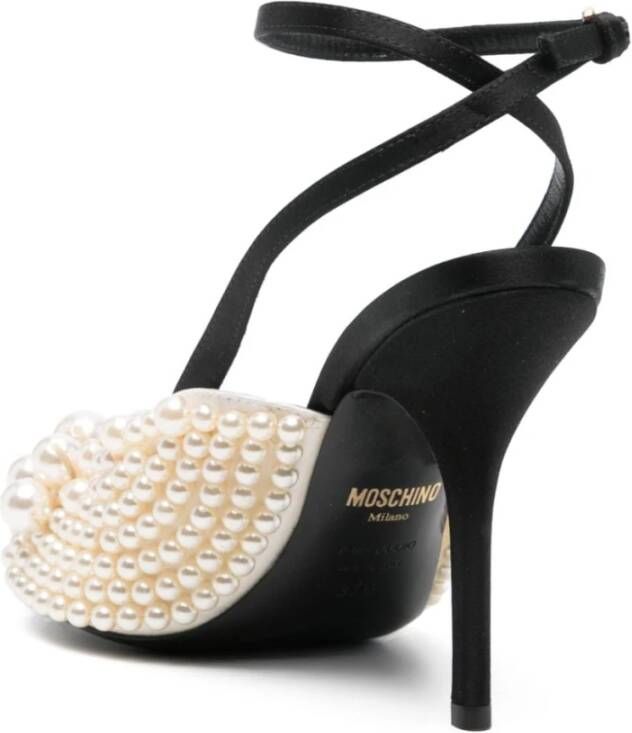 Moschino Zwarte Satijnen Stiletto Sandalen met Faux-Parel Versiering Black Dames