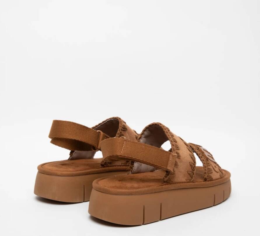 Mou Bruin Leren Plateau Sandalen Haakdetails Brown Dames