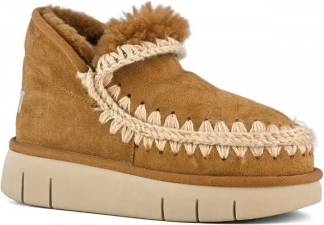 Mou Handgemaakte Schapenvacht Sneaker met Gehaakte Stiksels Brown Dames