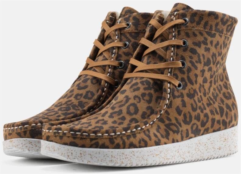 Nature Footwear Luipaardprint Suède Laars met Lamsvacht Voering Brown Dames