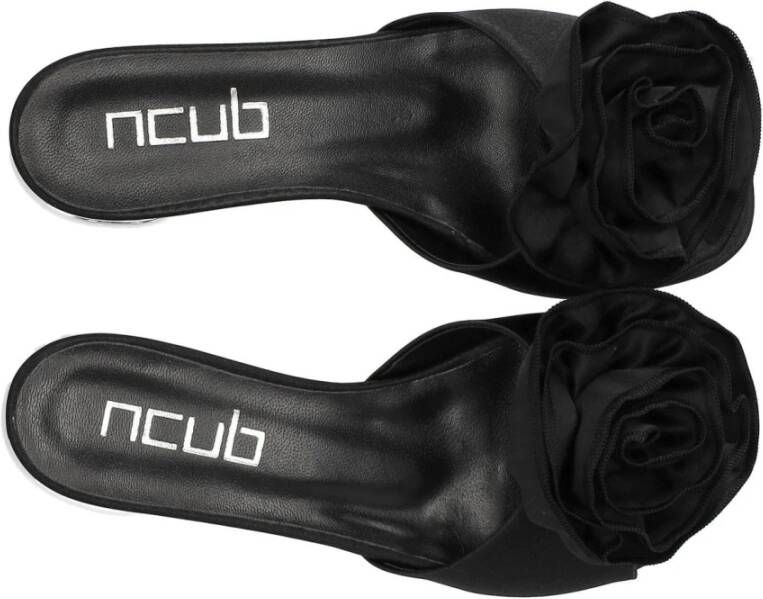 Ncub Zwarte Leren Bloem Slide Sandaal Black Dames