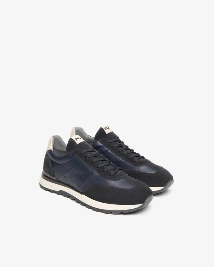 Nerogiardini Blauwe Leren en Suède Sneakers Blue Heren