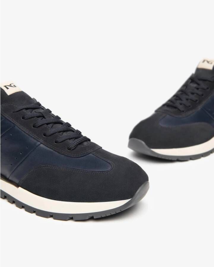 Nerogiardini Blauwe Leren en Suède Sneakers Blue Heren