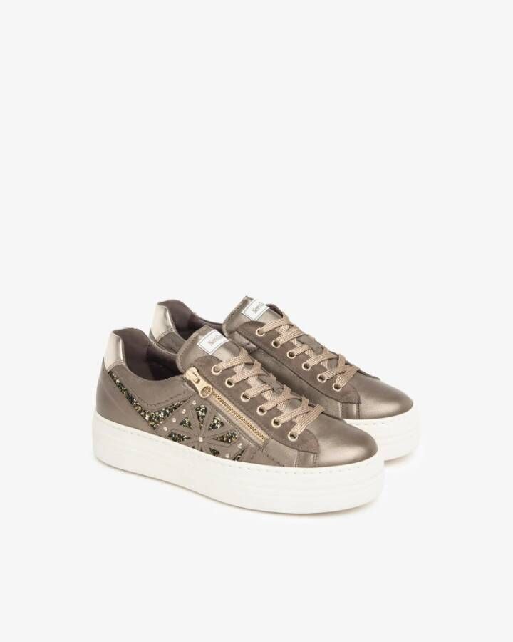 Nerogiardini Bruine Leren Glitter Sneakers met Rits Brown Dames