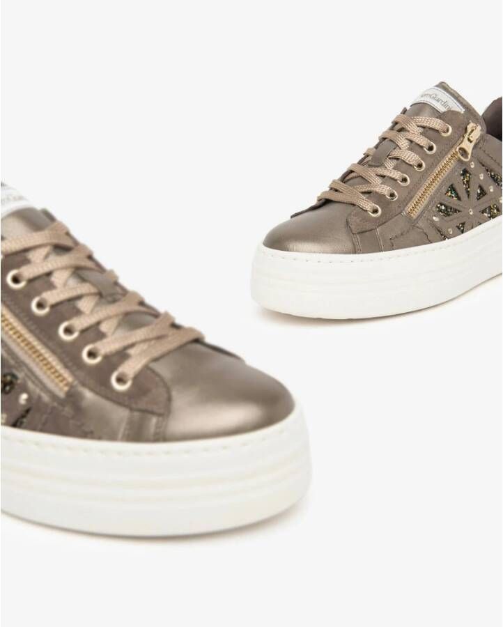 Nerogiardini Bruine Leren Glitter Sneakers met Rits Brown Dames