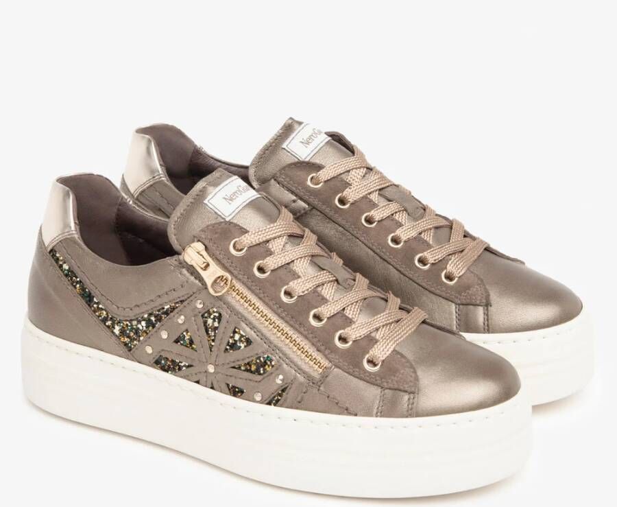 Nerogiardini Bruine Leren Sneakers Platform Rits Sluiting Brown Dames