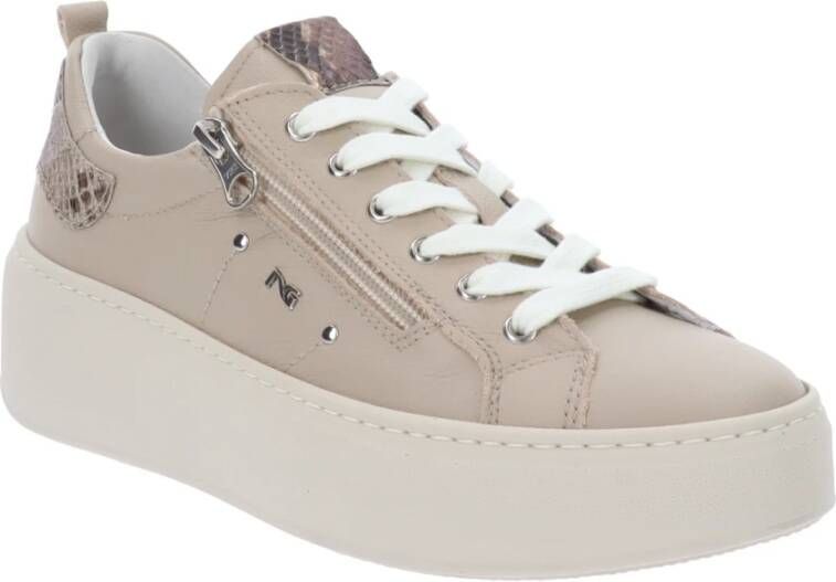 Nerogiardini Leren sneakers met vetersluiting en rits Beige Dames