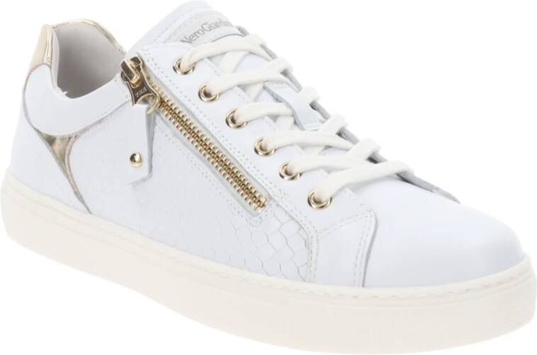 Nerogiardini Leren sneakers met vetersluiting en rits White Dames