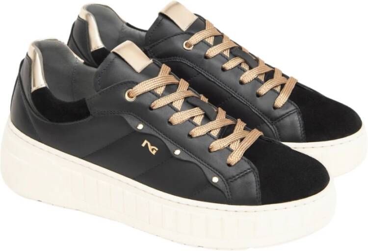 Nerogiardini Stijlvolle vetersneakers met gouden accenten Black Dames