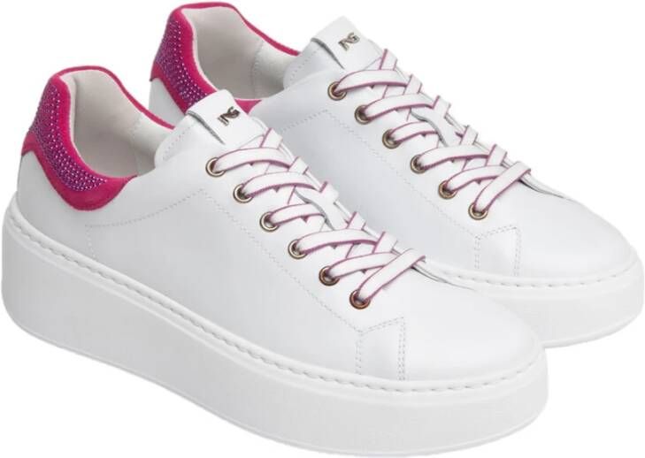 Nerogiardini Witte Leren Sneakers met Fuchsia Inzet White Dames