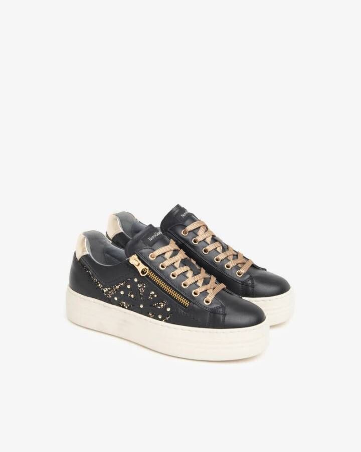 Nerogiardini Zwarte Leren Glitter Sneakers met Rits Black Dames