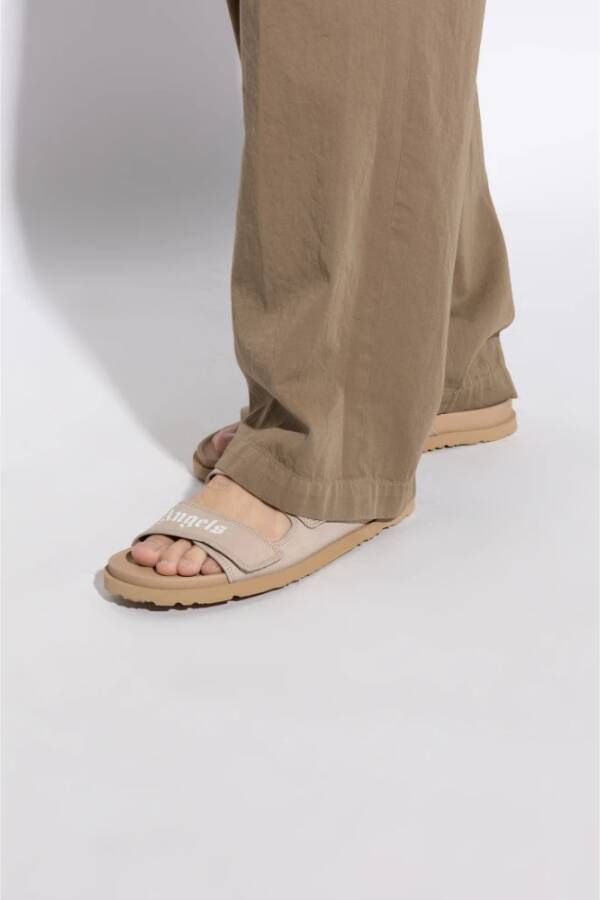 Palm Angels Leren slippers met logo Beige Heren