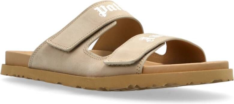 Palm Angels Leren slippers met logo Beige Heren