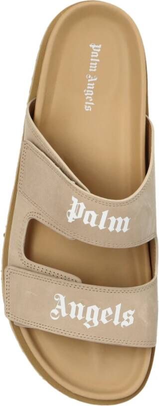 Palm Angels Leren slippers met logo Beige Heren