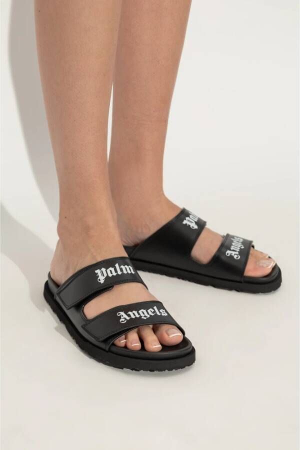 Palm Angels Leren slippers met logo Black Dames