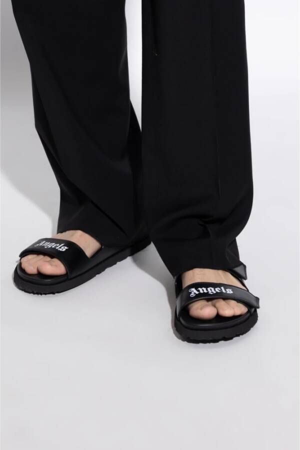 Palm Angels Leren slippers met logo Black Heren