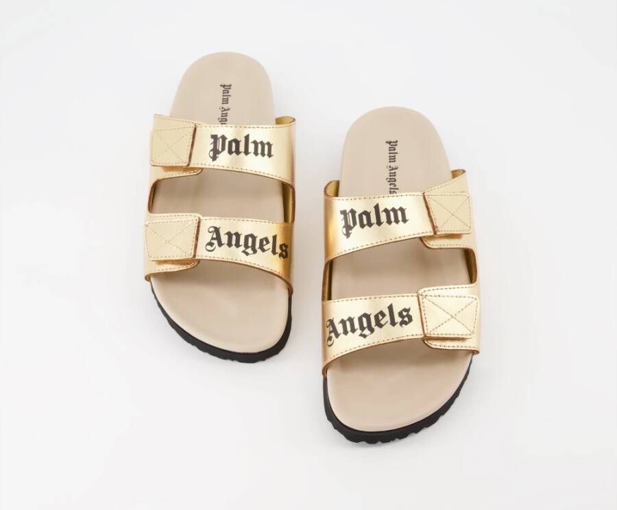 Palm Angels Logo Print Leren Slippers Yellow Dames