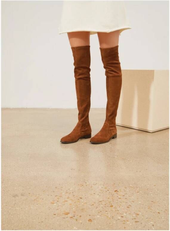 Parallele Stretch Suede Platte Over-de-knie Laarzen Brown Dames