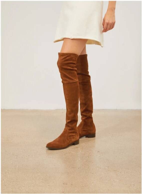 Parallele Stretch Suede Platte Over-de-knie Laarzen Brown Dames