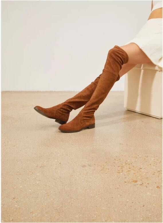 Parallele Stretch Suede Platte Over-de-knie Laarzen Brown Dames