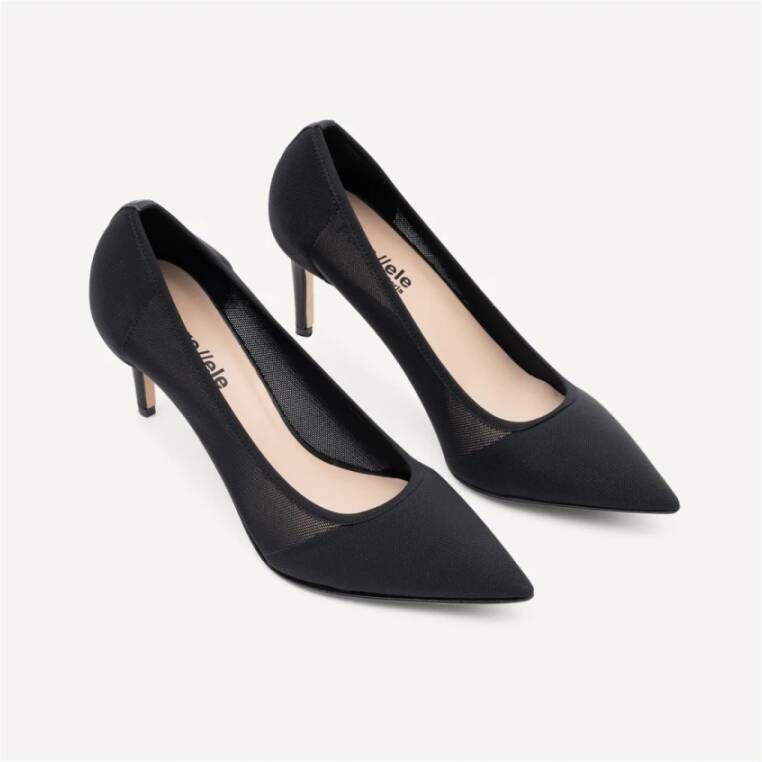 Parallele Zwarte Mesh en Leren Puntige Pump Black Dames