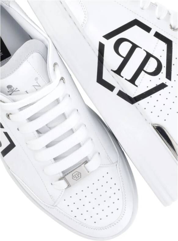 Philipp Plein Witte Leren Sneakers Ronde Neus Logo White Heren