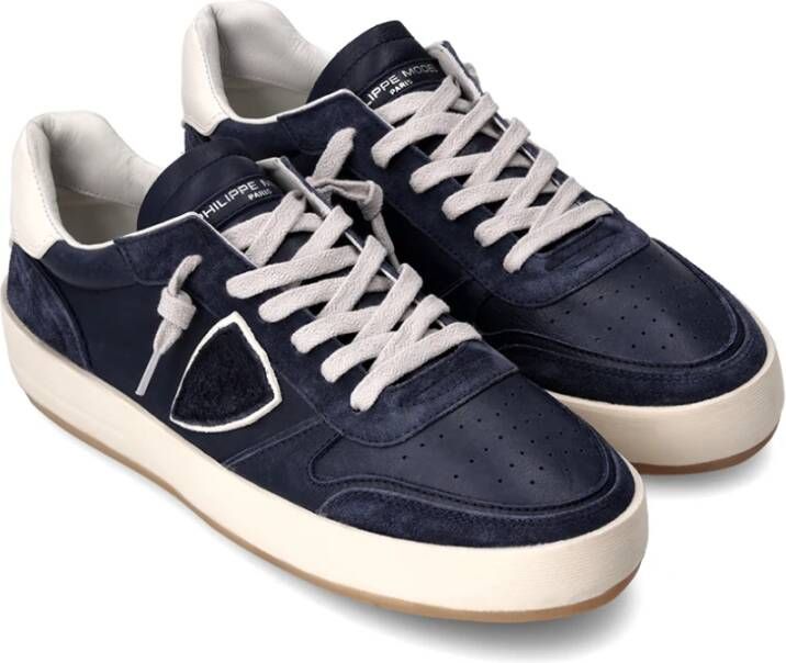 Philippe Model Blauw Navy Leren Sneakers met Witte Spoiler Blue Heren