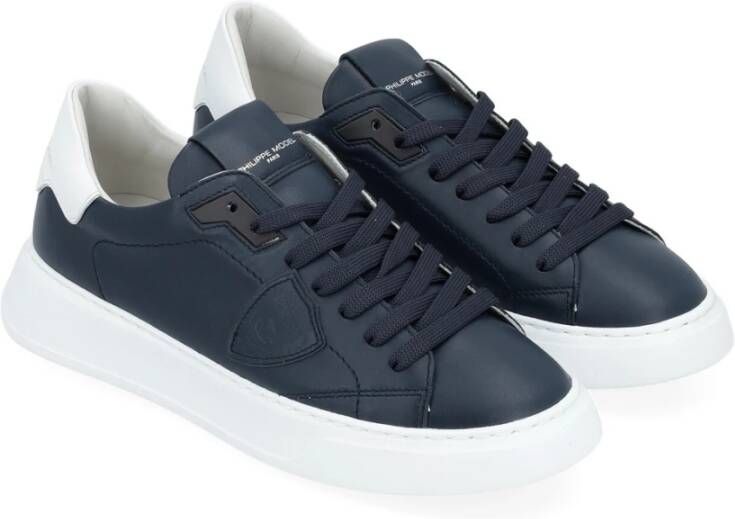 Philippe Model Blauwe Leren Temple Sneaker met Witte Details Blue Heren