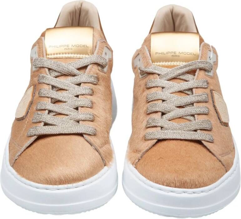 Philippe Model Metallic Pony Skin Sneakers Camel Gold Beige Dames