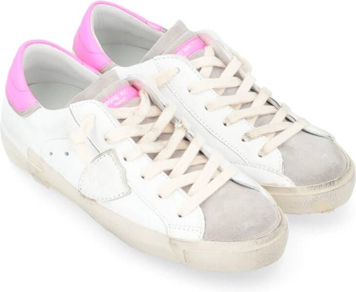 Philippe Model Vintage Sneaker in wit en fluorescerend roze White Dames