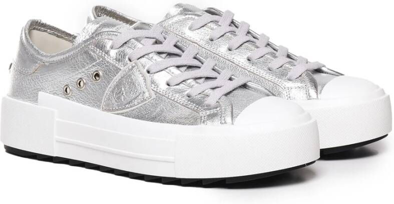 Philippe Model Zilveren Leren Sneakers met Metalen Detail Gray Dames