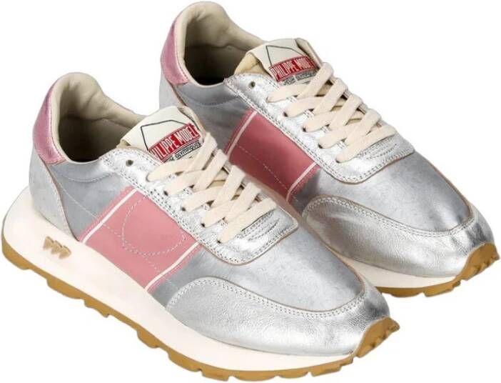 Philippe Model Zilveren Leren Sneakers met Roze Details Multicolor Dames