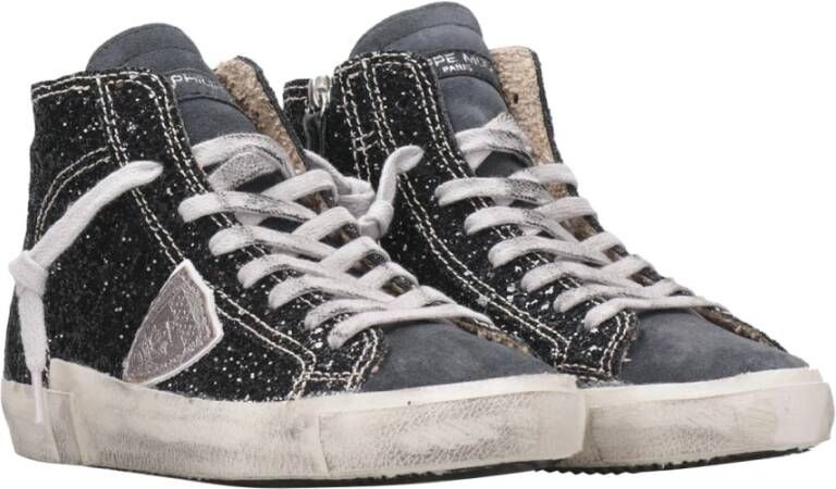 Philippe Model Zwarte Hoge Sneakers Leer Suède Glitter Black Dames