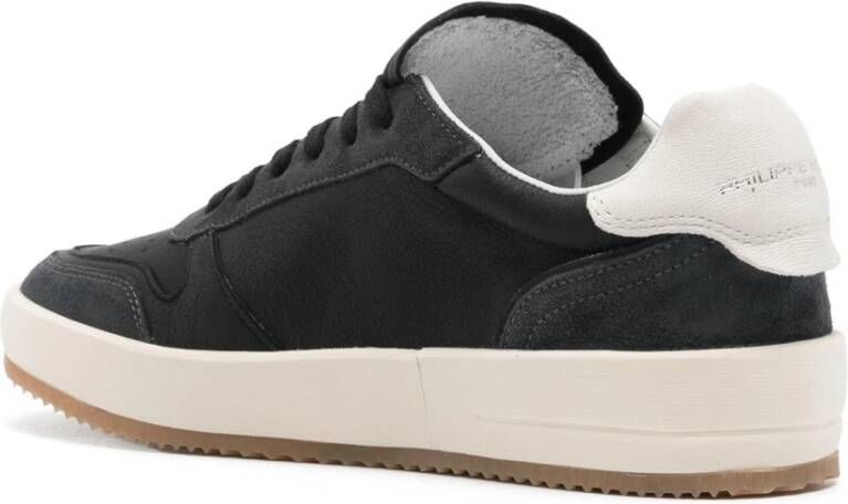 Philippe Model Zwarte leren sneakers met suède inzetstukken Black Heren