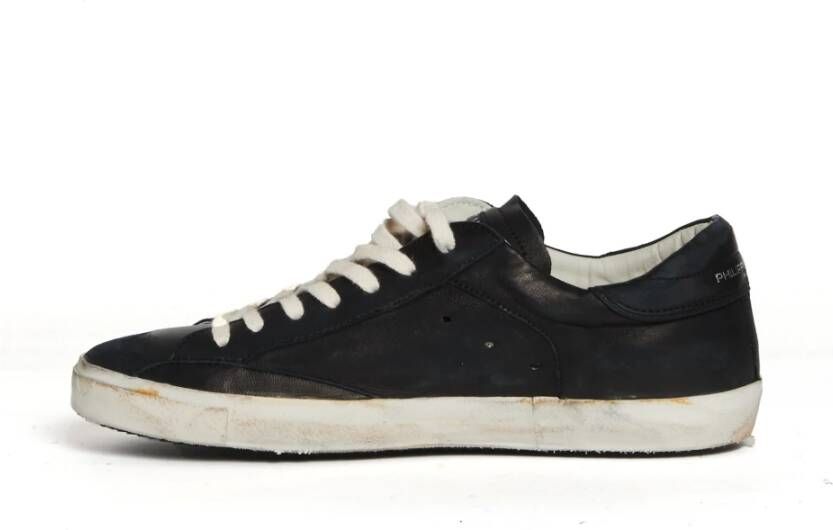 Philippe Model Zwarte Verouderde Leren Sneakers Black Heren