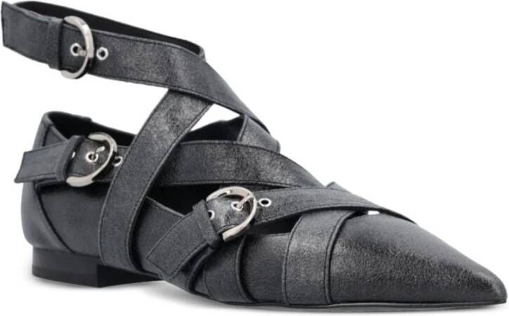 pinko Zwarte Leren Crossover Strap Platte Schoenen Gray Dames