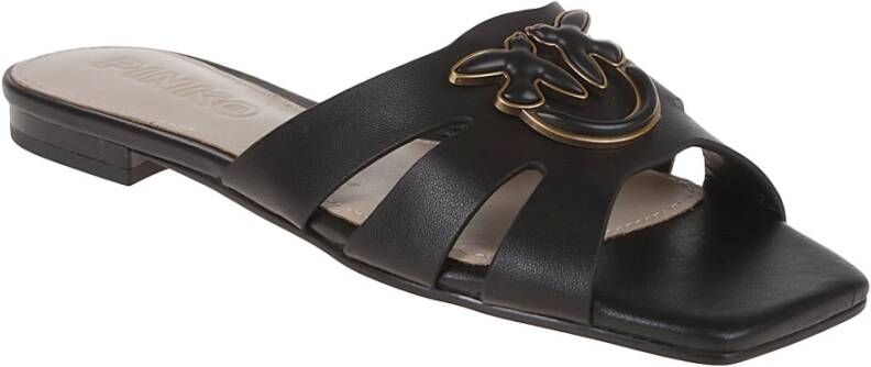 pinko Zwarte Leren Pantoffels met Gouden Logo Black Dames