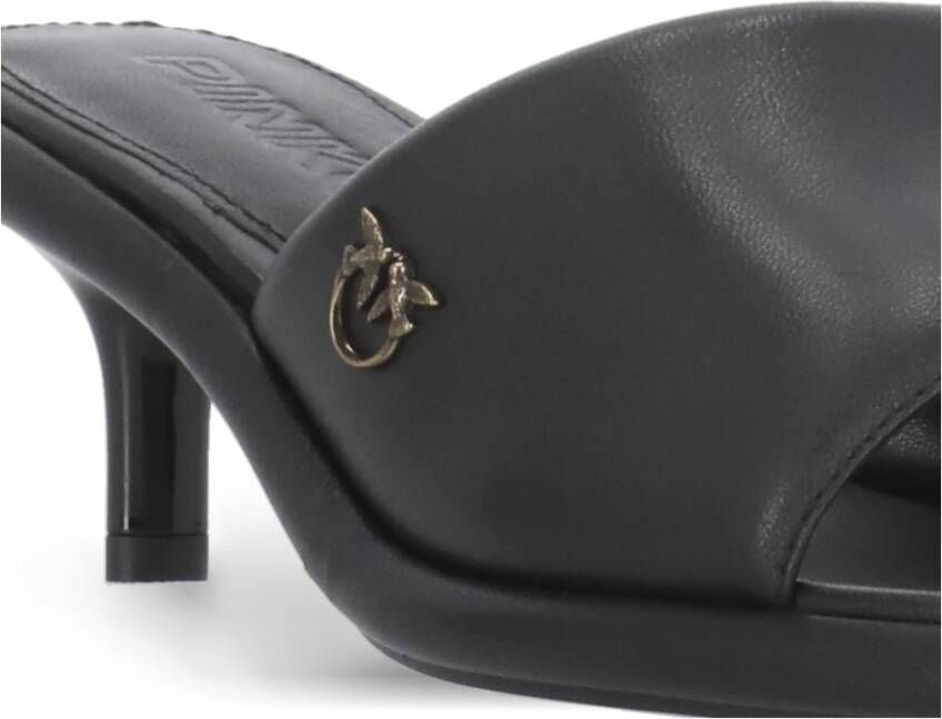 pinko Zwarte leren slippers met Love Birds Black Dames