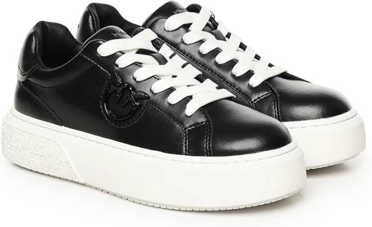 pinko Zwarte Leren Sneakers Love Birds Logo Black Dames