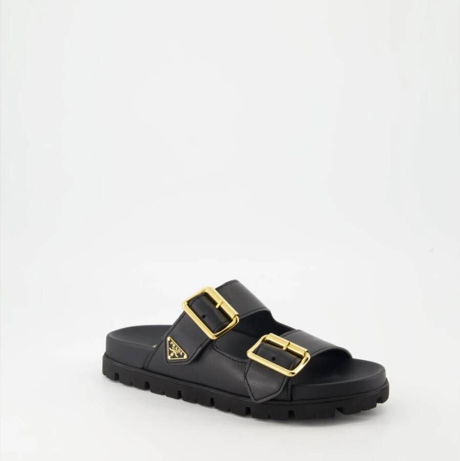 Prada Leren Slippers Black Dames