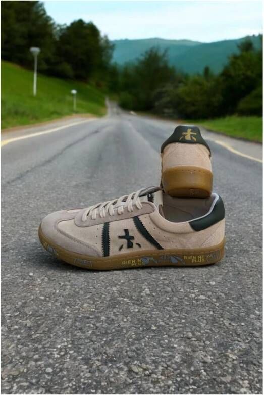 Premiata Licht beige leren sneaker met groene accenten Beige Heren