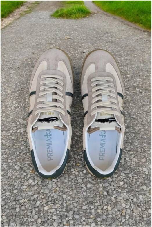 Premiata Licht beige leren sneaker met groene accenten Beige Heren