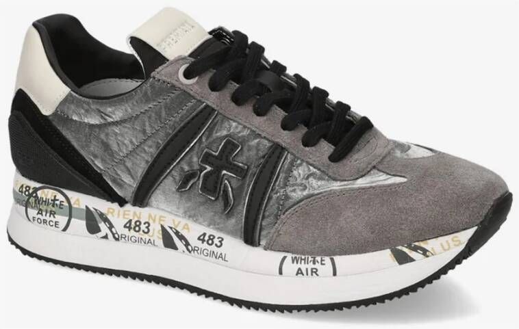 Premiata Zilveren Platte Schoenen met Glanzende Details Gray Dames